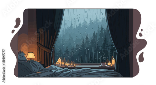 cozy bedroom with rain outside view and candles on window sill