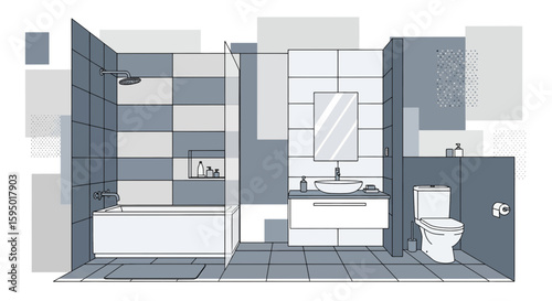 Modern bathroom interior with shower bathtub and vanity