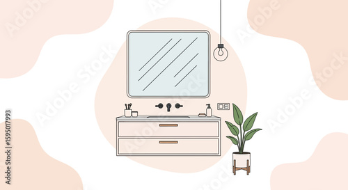 Minimalist bathroom with mirror, sink, and plant decor