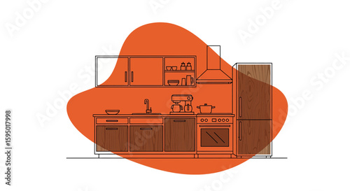 Kitchen interior with wooden cabinets and appliances