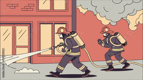 Firefighter extinguishing building fire vector illustration emergency service hero in action vector graphic design
