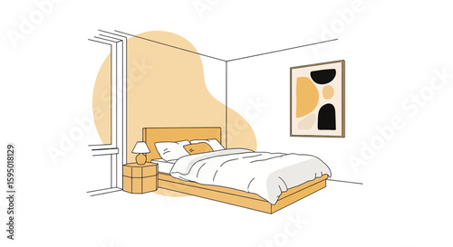 modern bedroom with bed and abstract wall art