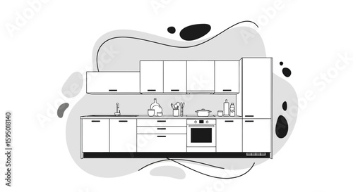kitchen with cabinets, countertop, and stove in monochrome style