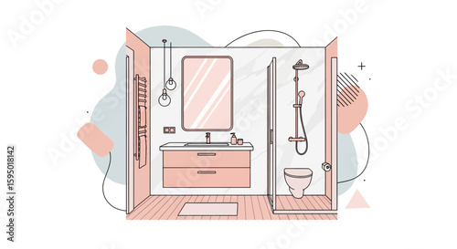 modern bathroom with vanity mirror and shower area