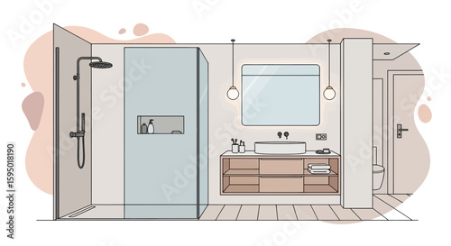 modern bathroom interior with shower and vanity sink