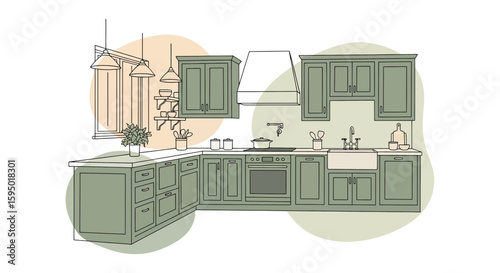 Kitchen with cabinets, stove, and sink in minimalist style
