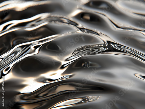 Abstract close-up of rippling, metallic, liquid surface with highlights and shadows creating a fluid, dynamic texture.