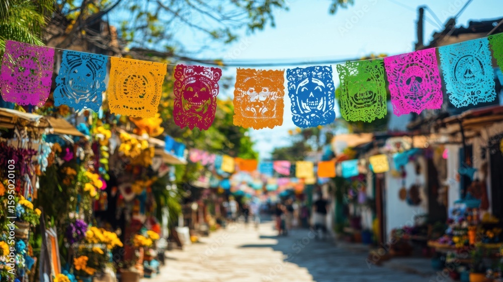 Naklejka premium Clean street view with papel picado, peaceful Mexican Day of the Dead festivity in soft minimalist air