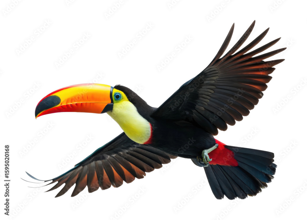 Fototapeta premium Vibrant toucan featuring bright beak and colorful plumage in flight