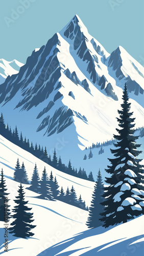 Beautiful Frozen Nature with Evergreen Forest Background