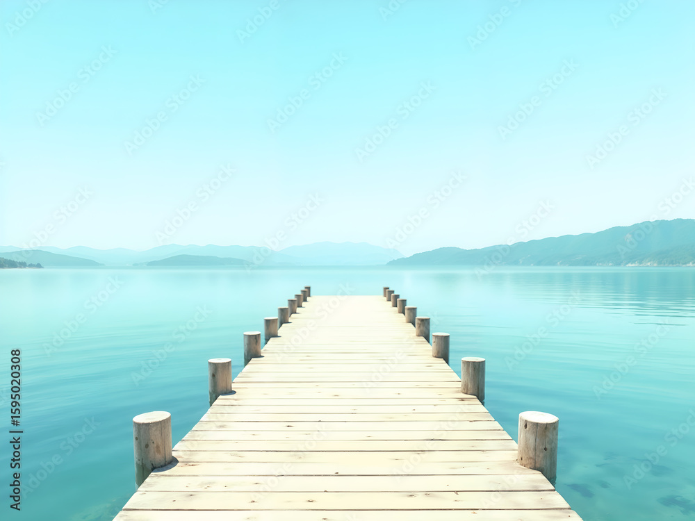 Fototapeta premium Scenic wooden pier stretching into calm blue sea under clear sky, perfect for travel blogs and relaxation visuals. Generative AI