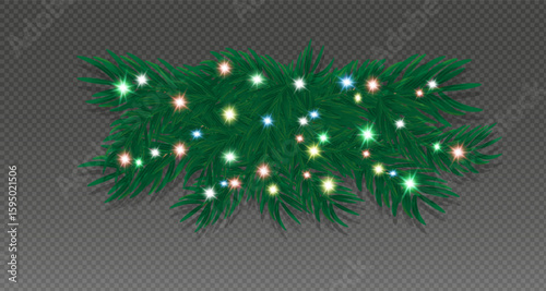  Green spruce branches with red,green,blue,balls,golden lights and stars highlighted on transparent background. Pine tree, Christmas evergreen plants.Vector decoration Christmas tree garland.т PNG