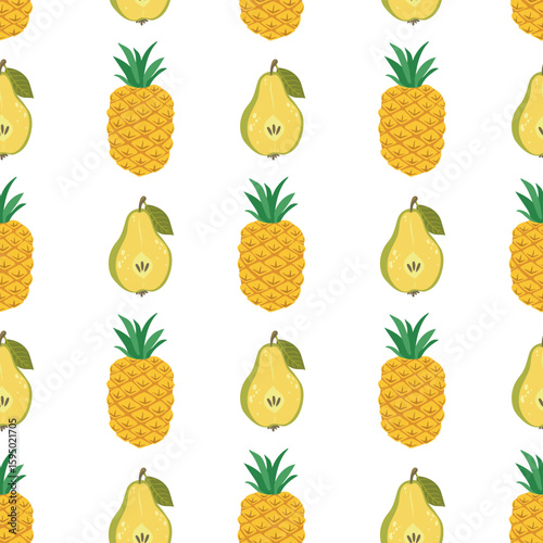 pear, pineapple. Cute vector seamless pattern with tropical fruits on a white background in flat style