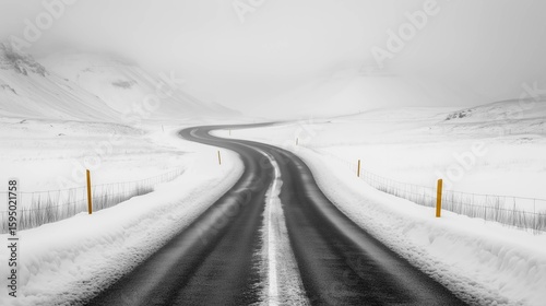 A winding road cuts through a snowy, mountainous landscape with minimal visibility due to fog and snow coverage.