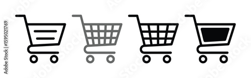 Shopping cart silhouette icon set in black featuring four styles from open-frame to filled grid, ideal for e-commerce, retail, and app UI design