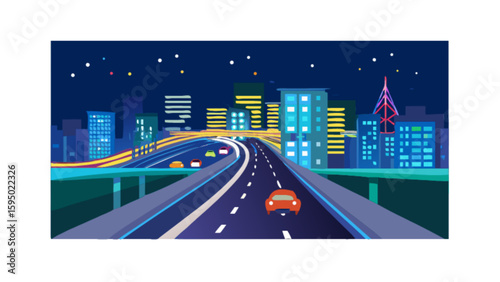 Night city skyline highway with cars vector illustration for urban landscape and transportation design 100