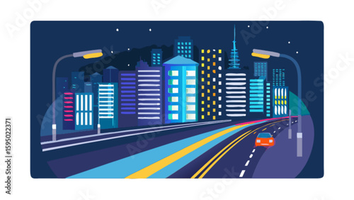 Night city skyline vector illustration with car on road and street lights, urban cityscape background design