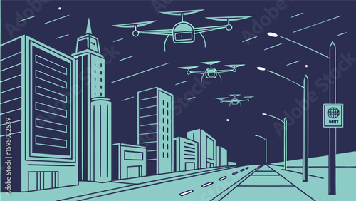 Drones flying over city skyline at night concept for urban air mobility and drone delivery services future city