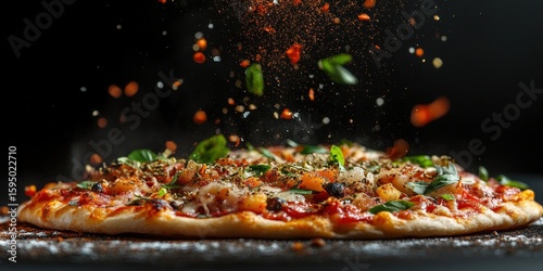 Mouthwatering pizza with toppings falling, perfect for menus, advertising, and food blogs