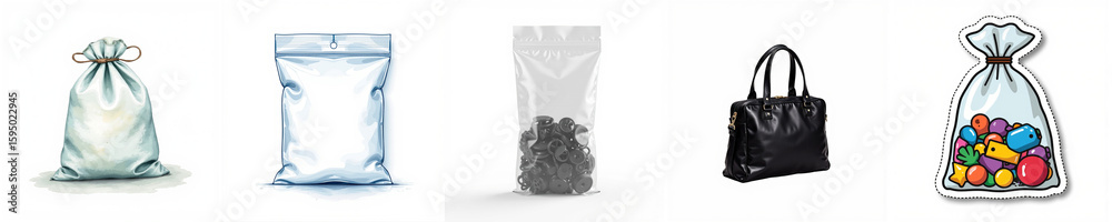 Naklejka premium Assorted bags including clear plastic, grocery, and gift bags 