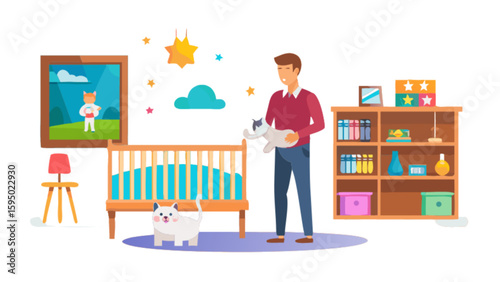 Father in nursery room holding plush toy near baby crib and cat for family parenting concept vector