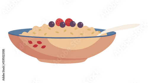 Delicious oatmeal breakfast bowl with fresh berries and spoon vector illustration for healthy eating concept