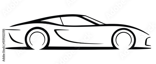 Side-view sports car silhouette icon in black line art with low-profile design, large wheels, and spoiler for racing, transport, and speed themes