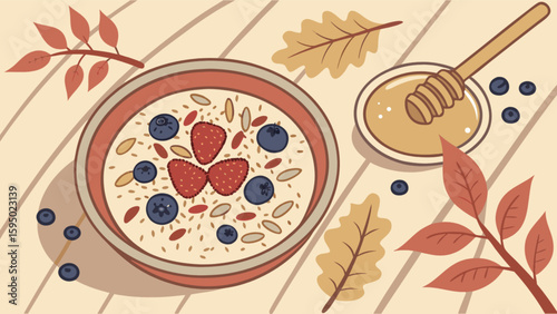 Delicious autumn breakfast bowl with oatmeal strawberries blueberries and honey for healthy eating diet plan