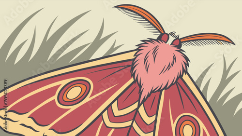 Beautiful pink moth illustration with detailed wings and antennae in a natural outdoor setting drawing