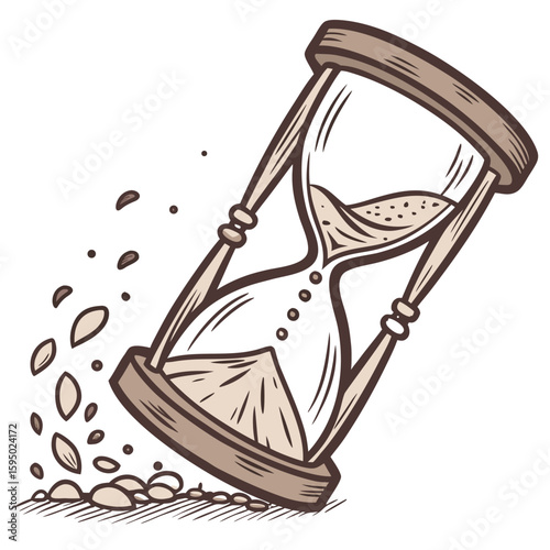 Broken hourglass with sand flowing out, isolated on a clean background for time or loss.