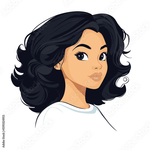 Young woman with voluminous wavy black hair illustration