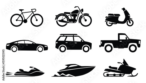 Silhouette icon set of nine transport modes including bicycle, motorcycle, jet ski, motorboat, snowmobile, SUV, and pickup truck