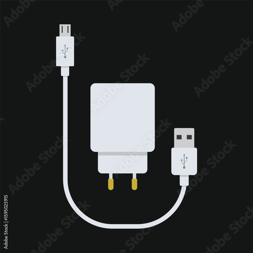 USB cable cord and charger for smart phone flat vector design