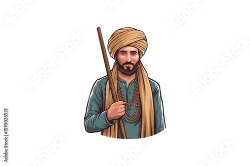A man with a stick in hand a turban on his head and a garland around his neck vector on white background.01