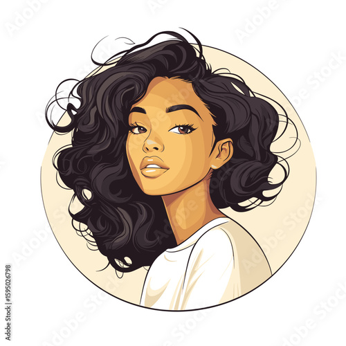 Stylish young woman with voluminous hair in circle illustration