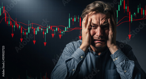 Man with hands on his head, expressing financial stress and despair, with a red downturn stock market chart in the background.