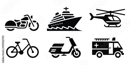 Silhouette icon set of six transport modes including ambulance, helicopter, cruise ship, scooter, and bicycle in black and white line art style