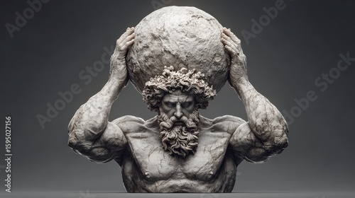 Ancient statue of Atlas struggling under the weight of the world, carved in detailed marble with weathered textures.