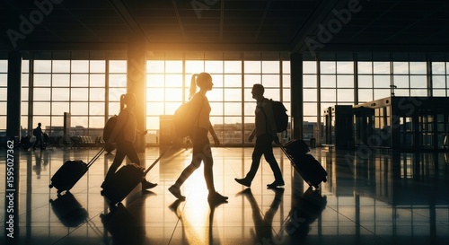 Silhouettes of diverse travelers with luggage walking through a bright airport terminal at sunset, symbolizing global journeys and modern transportation