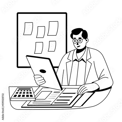 A glyph character illustration of a working accountant 
