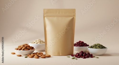 Premium snack packaging mockup showcasing healthy nuts and dried fruit ingredients