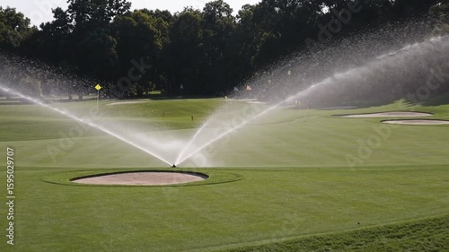 Sprinkler System Operating on Green Golf Course Fairway and Sand Bunker