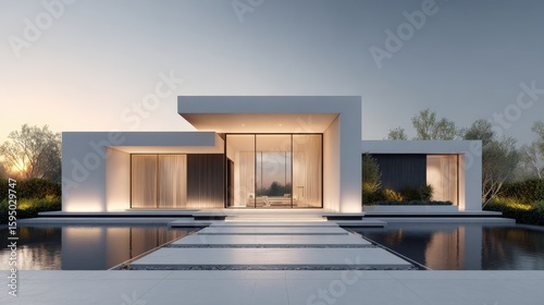 Contemporary house with flat roof and minimalist design, exterior lights glowing against twilight sky, room for promotional text.