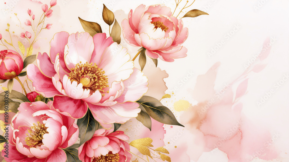 Fototapeta premium Chinese ink style watercolor an elegant floral arrangement of peony blossoms