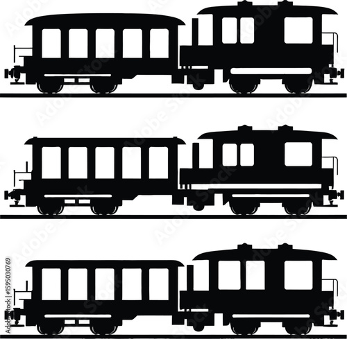 Vintage Train Silhouette Simple Transportation Design For Kids Books Educational Materials And Retro Style Projects Presenting Multiple Sets Of Train Cars In Black And White