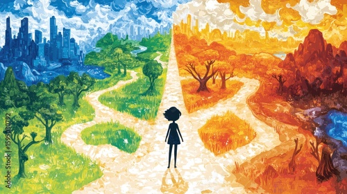 Girl at a crossroads of vibrant landscapes