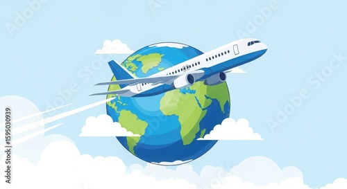 An airplane flies around the globe