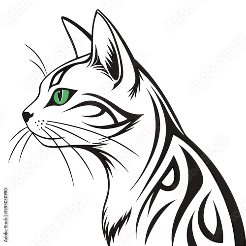 Cat head profile illustration with green eyes isolated on white