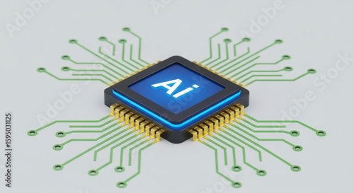 An ai chip with glowing blue circuits on a light background