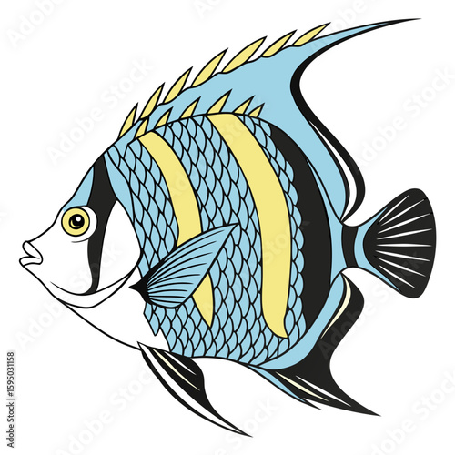 A vibrant angelfish with blue, yellow, and black stripes